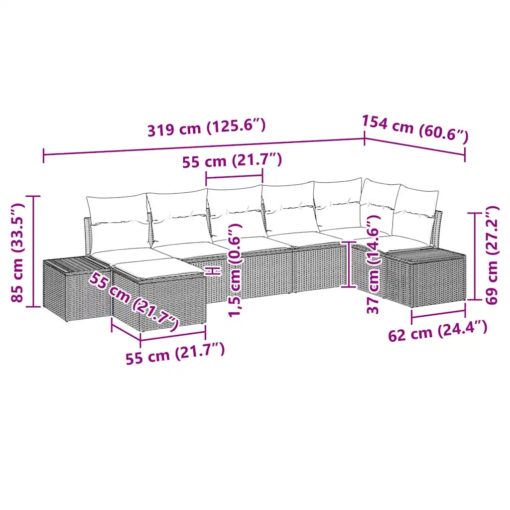Set Divano da Giardino con cuscino 7 pcs Nero polyrattan 3347147