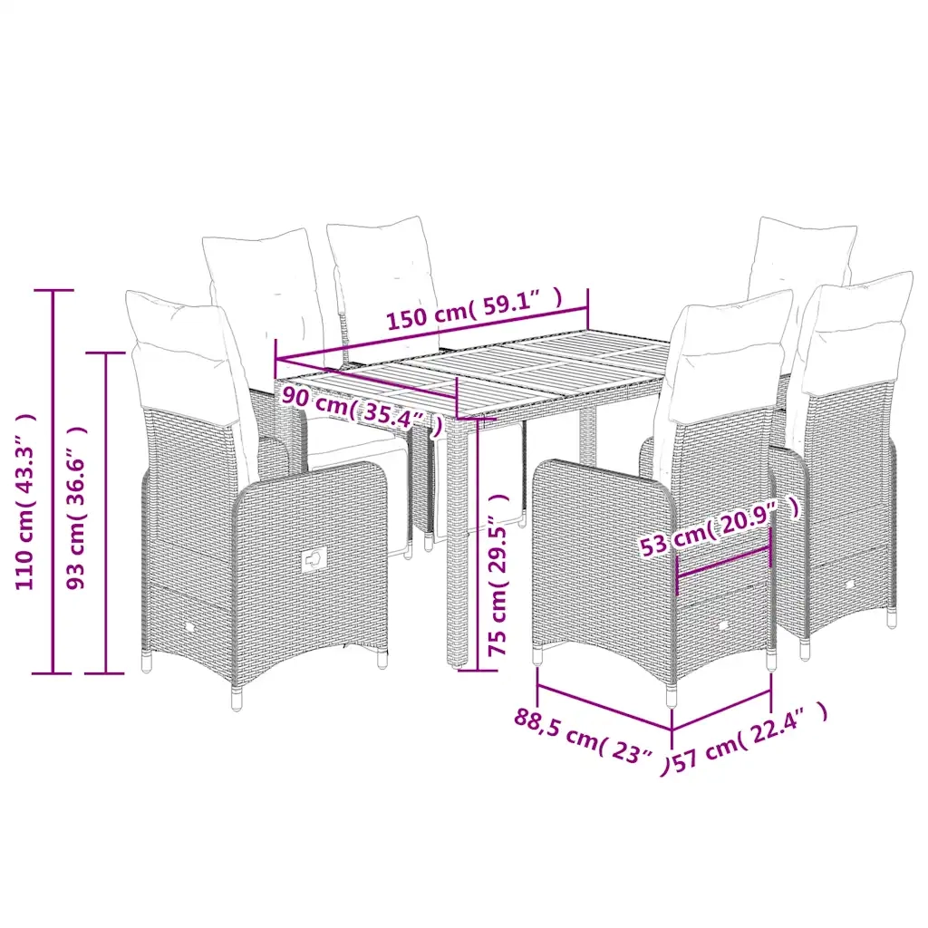 Set da Bistrò da Giardino 7 pz con Cuscini Nero in Polyrattan