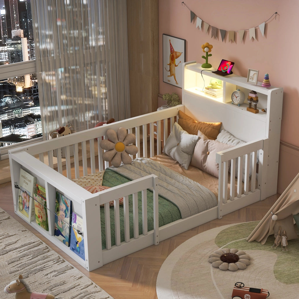 Letto multifunzione per bambini 90 x 190 cm con sponde alte, USB, luce notturna e vano contenitore, bianco