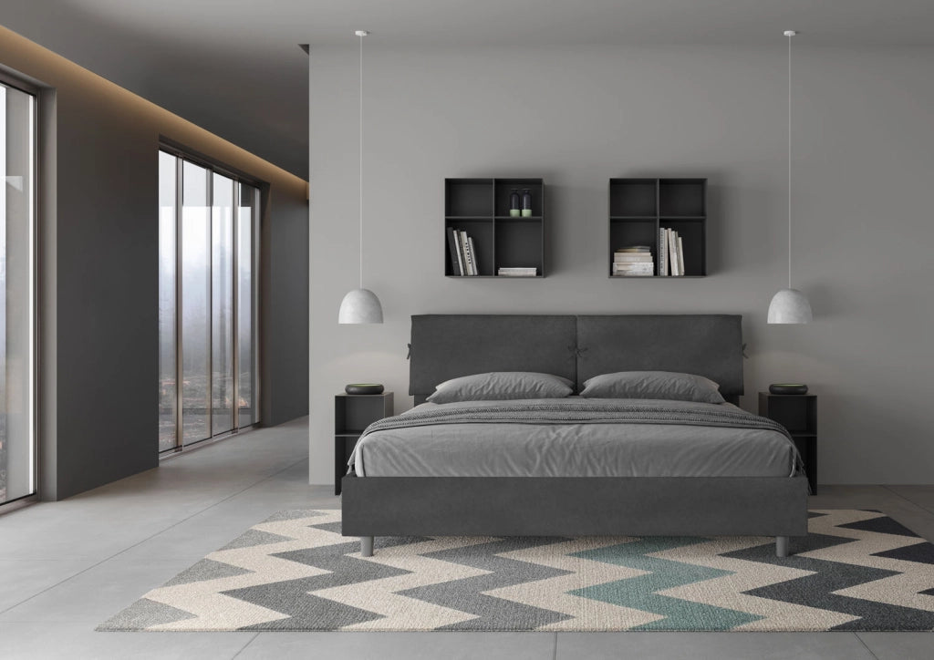 BS COM Letto matrimoniale king size contenitore imbottito 200x200 microfibra grigio
