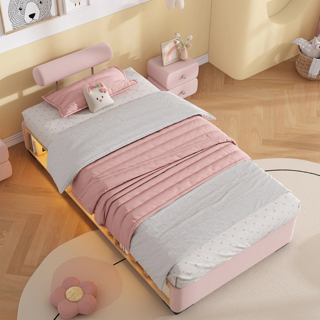 LETTO imbottito Rosa 90x200 cm in velluto con ripiano laterale LED