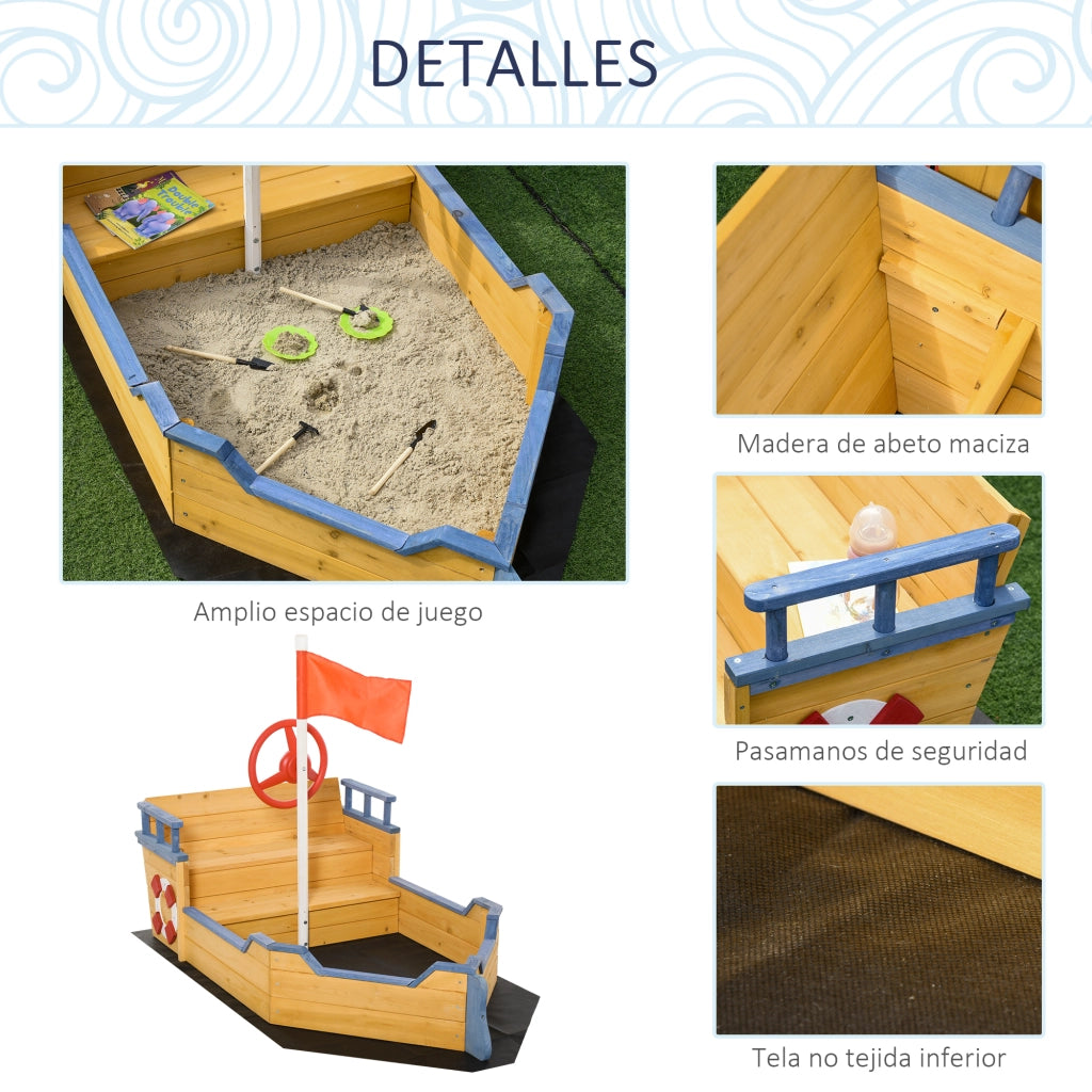Arenero per Bambini in Legno con Bandiera e Timone ¨C zephmum ¨C Naturale 158x78x45,5 cm