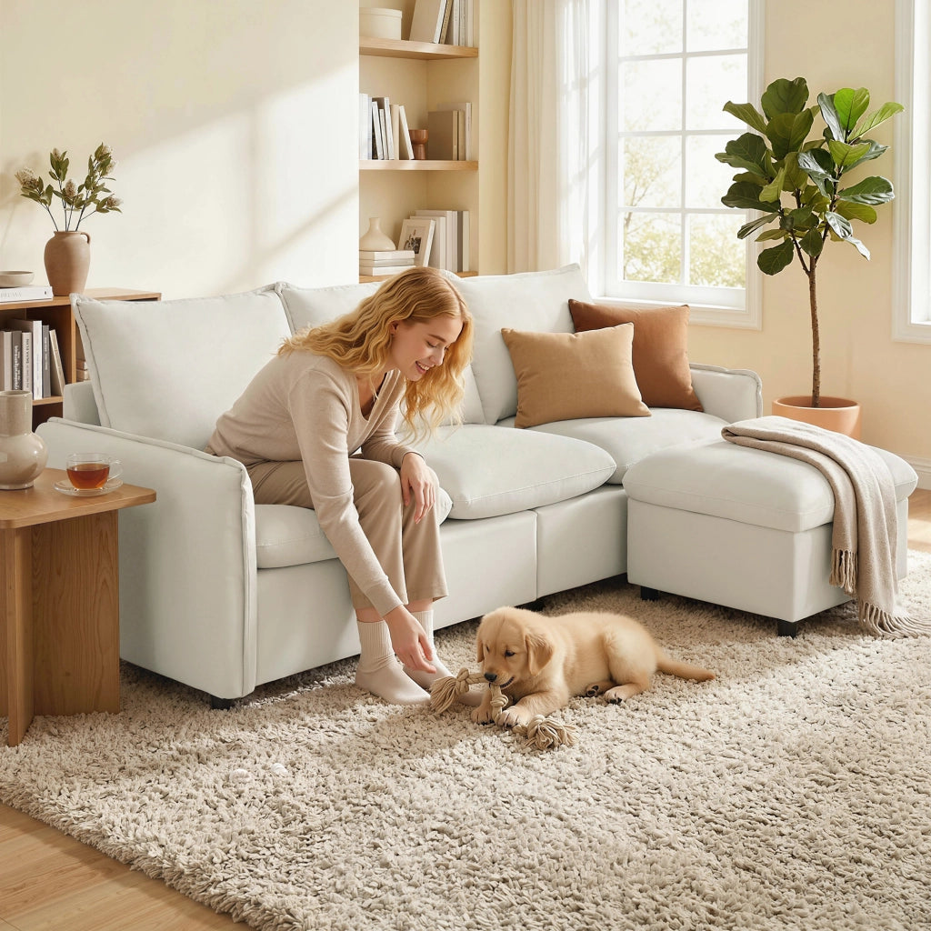 Divano Angolare 3 Posti in Tessuto con Contenitore e Cuscini ¨C Minimal ¨C Crema