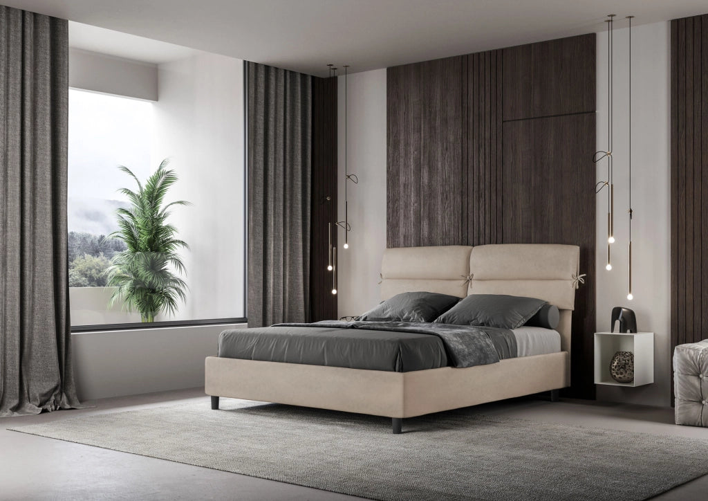 BS COM Letto matrimoniale con rete imbottito 160x200 microfibra sabbia