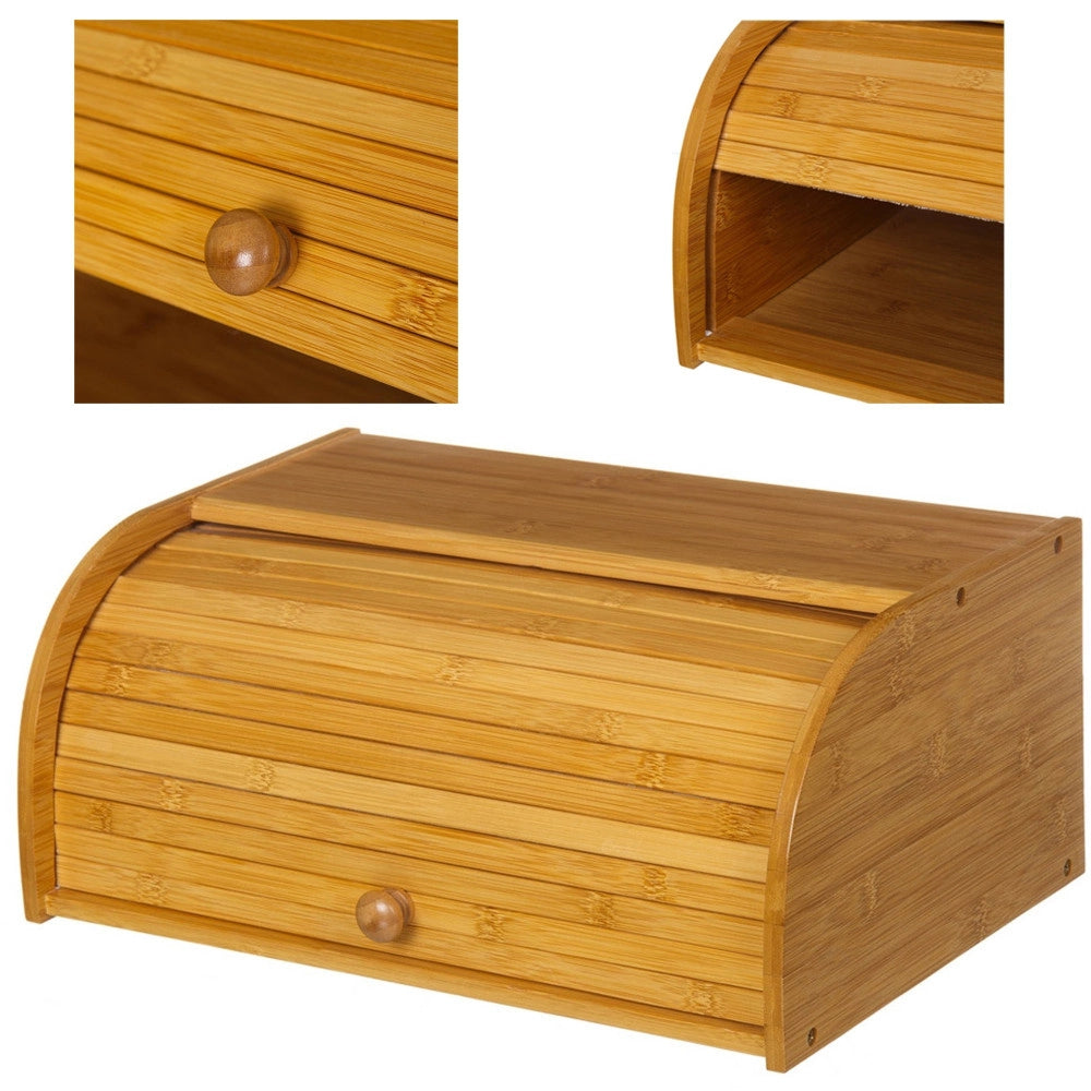 Trade Shop - Portapane In Legno Di Bambu' Cucina Cassetto Porta Pane Con Apertura Serrandina -