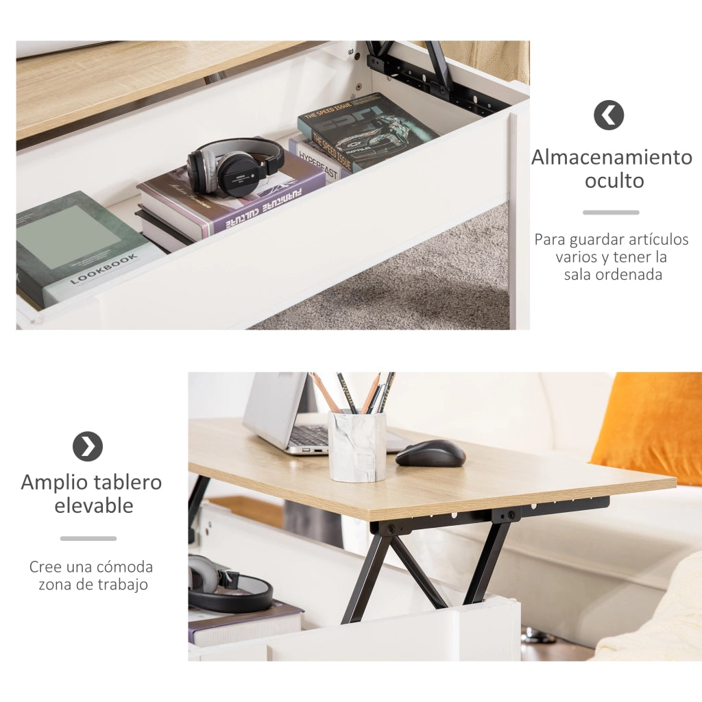 Tavolino da caff¨¨ con piano elevabile e vano contenitore ¨C Xylo ¨C Bianco e legno naturale 100x50cm