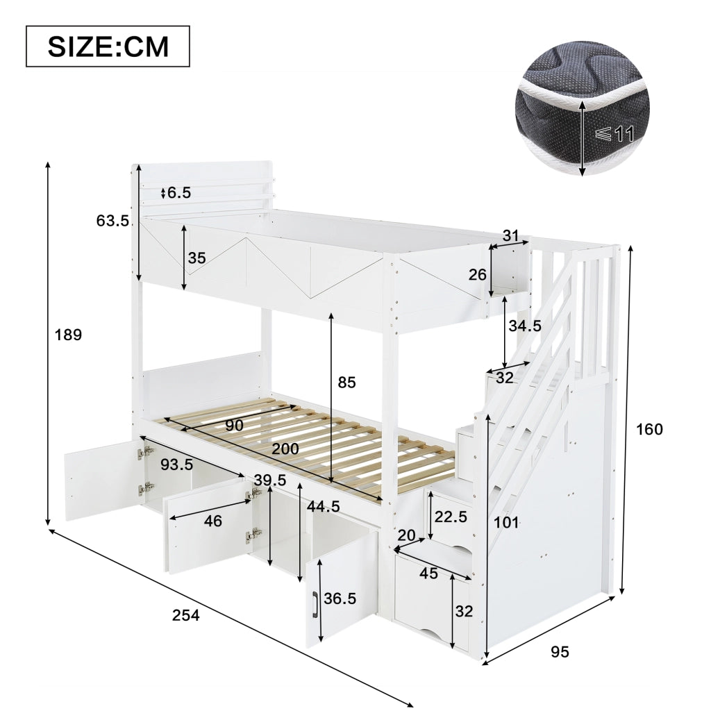 LETTO a castello 90x200 cm con scala contenitore bianco in legno e MDF