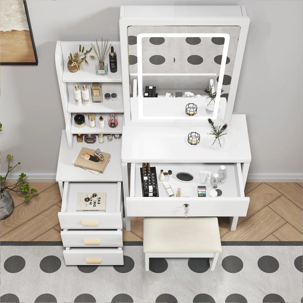 Tavolo Trucco con Specchio Illuminato e Sgabello, 4 Cassetti, Luce 3 Colori ¨C MINIMAL ¨C Bianco 85x130x36cm