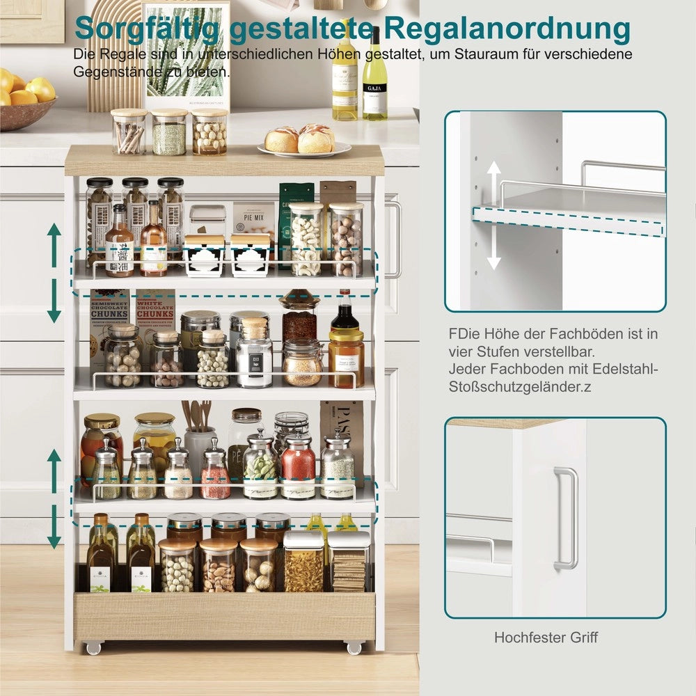 Carrello Portaoggetti Slim con Ruote ¨C Xylo ¨C Bianco/Legno, 4 Ripiani Regolabili, 85x55x20 cm