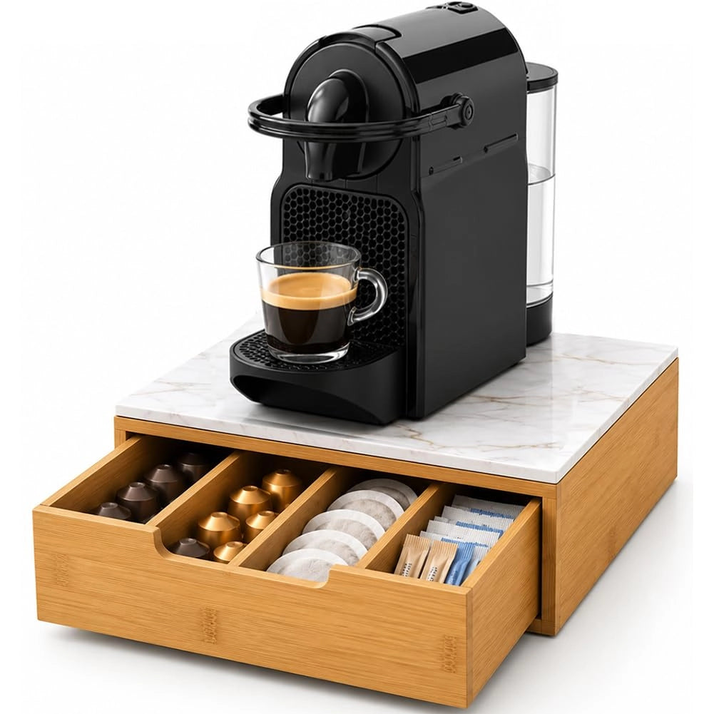 Portacapsule Piano Vetro Effetto Marmo Tortora Portacialde Organizer 31.5x30x10cm