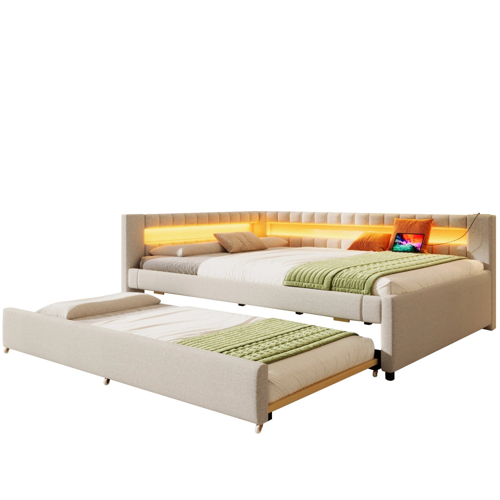 Letto a scomparsa con LED - Zephmum - 140x200cm - Beige - Luci integrate, USB, Type-C