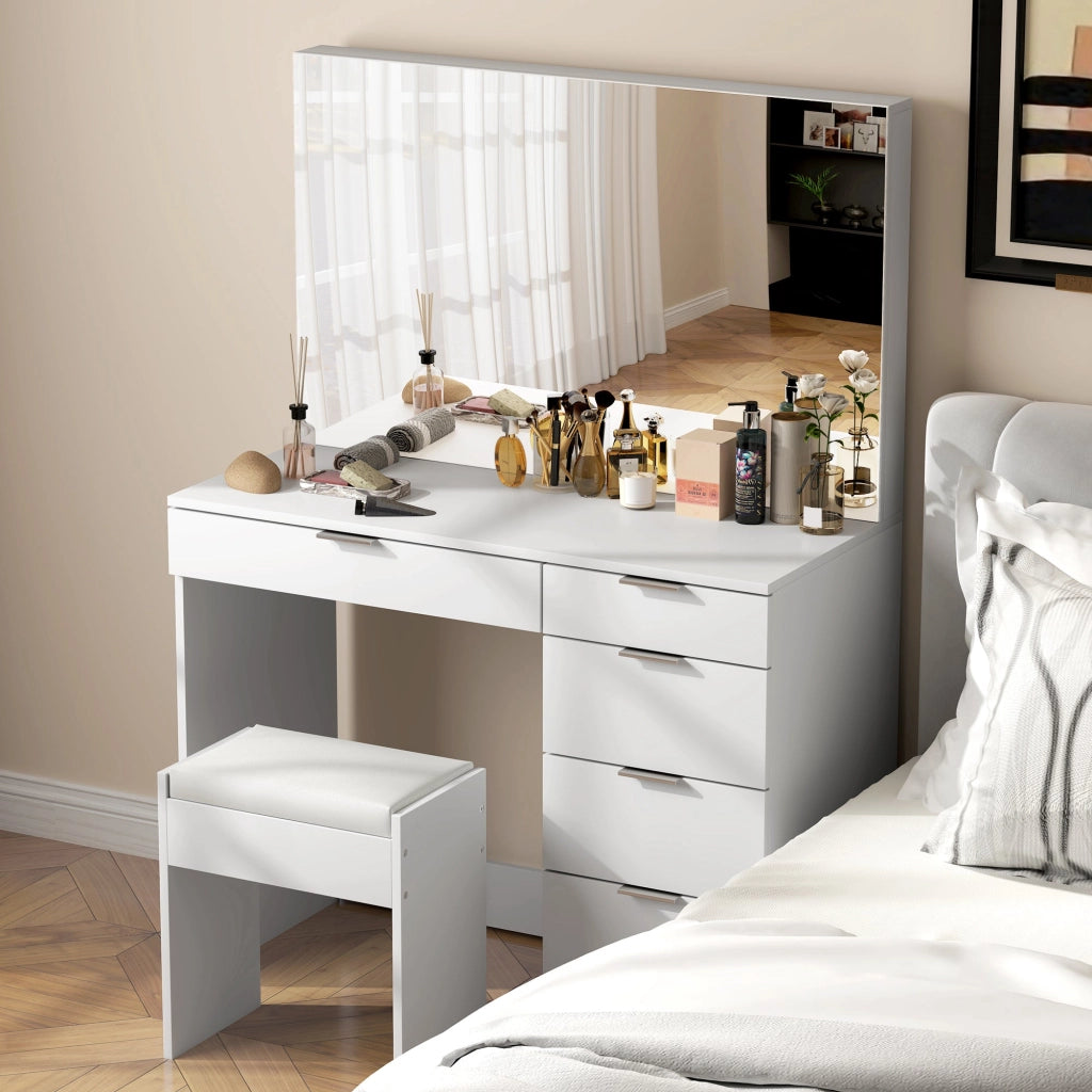 Consolle Trucco con Specchio 5 Cassetti e Sgabello 97,2x44,5x136,5 cm Bianco