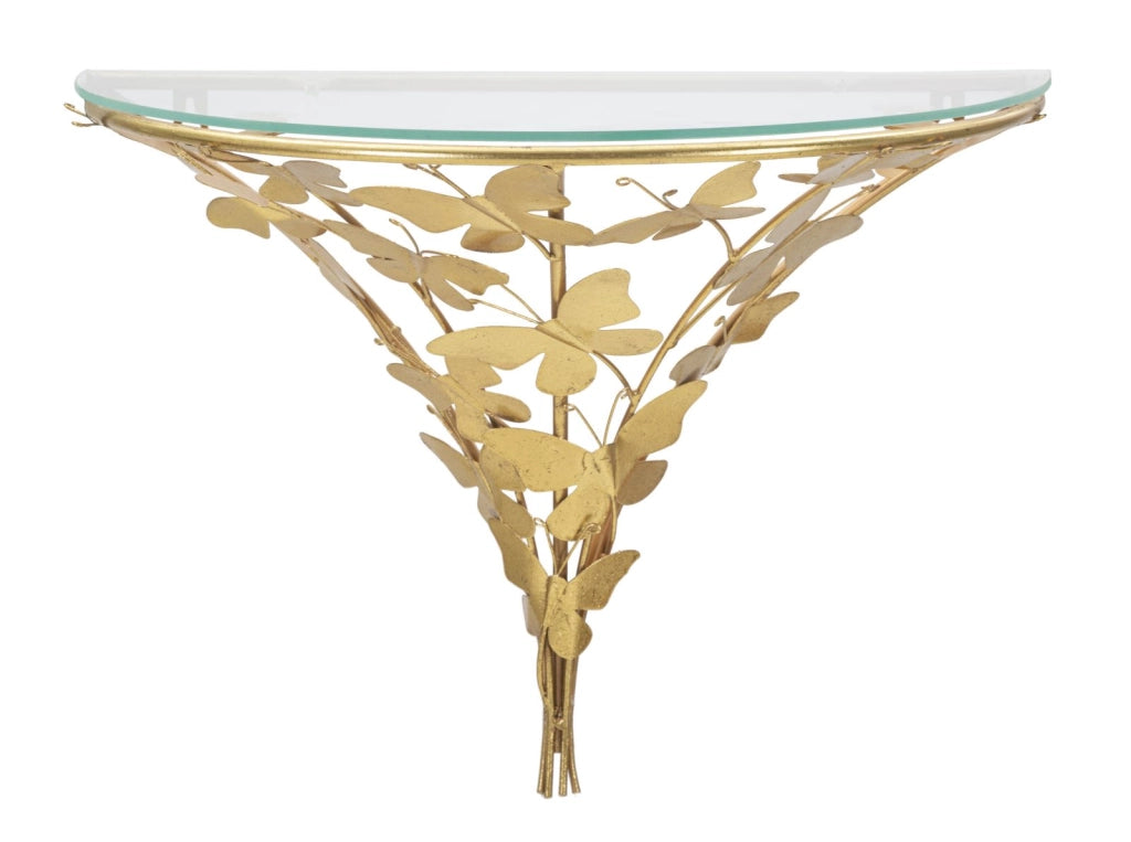 Comodino sospeso BUTTERFLIES 44,5x24,5x34,5 cm metallo dorato e piano in vetro