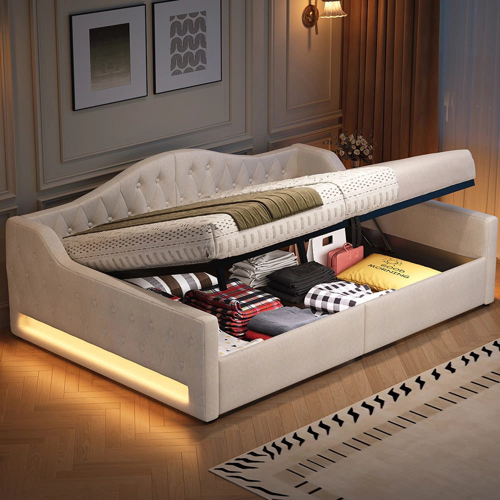 Letto imbottito - Xylo - 140x200cm LED con contenitore, beige