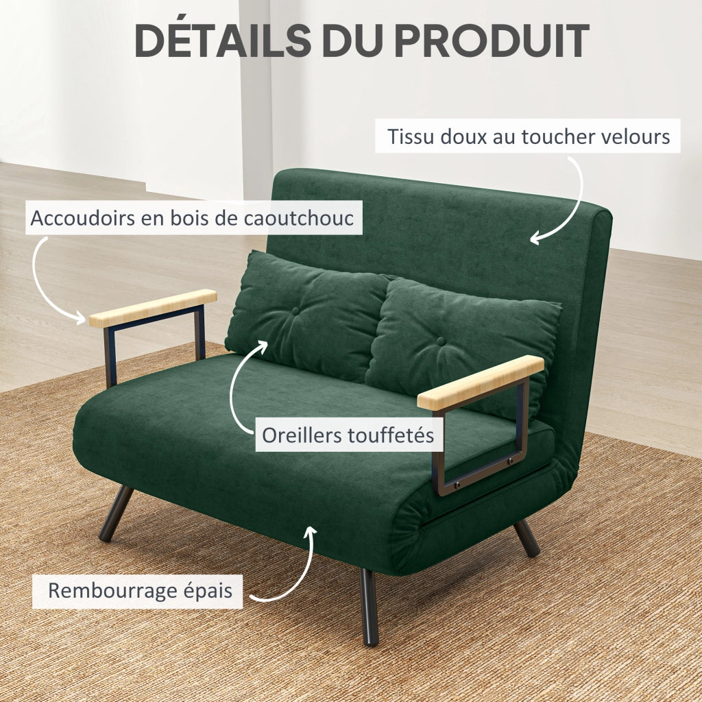 Divano letto 2 posti con schienale regolabile e 2 cuscini ¨C zephmum ¨C verde 102x73x81 cm