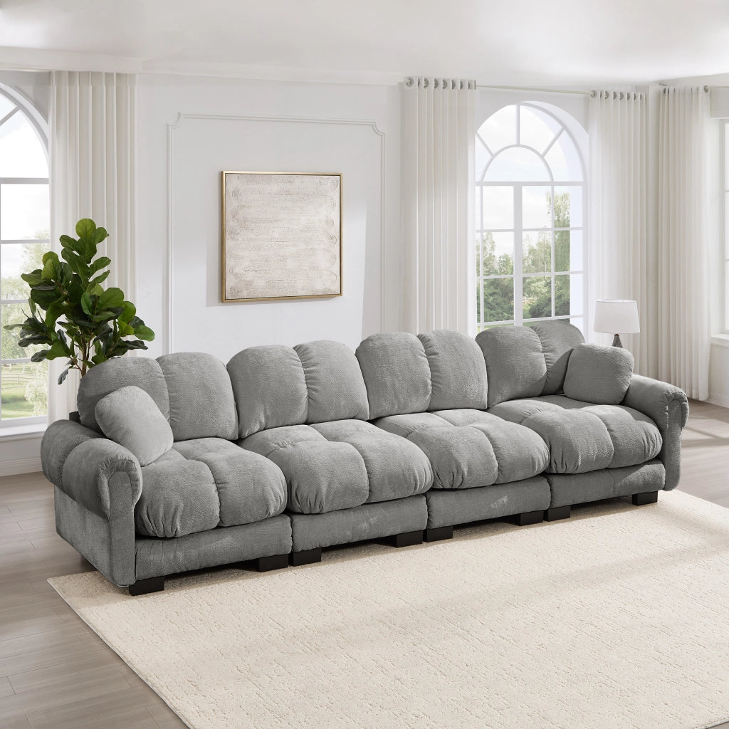 Divano Modulare con Cuscini di Seduta Trapuntati e Cuscino Mobile, in Chenille, Grigio Chiaro