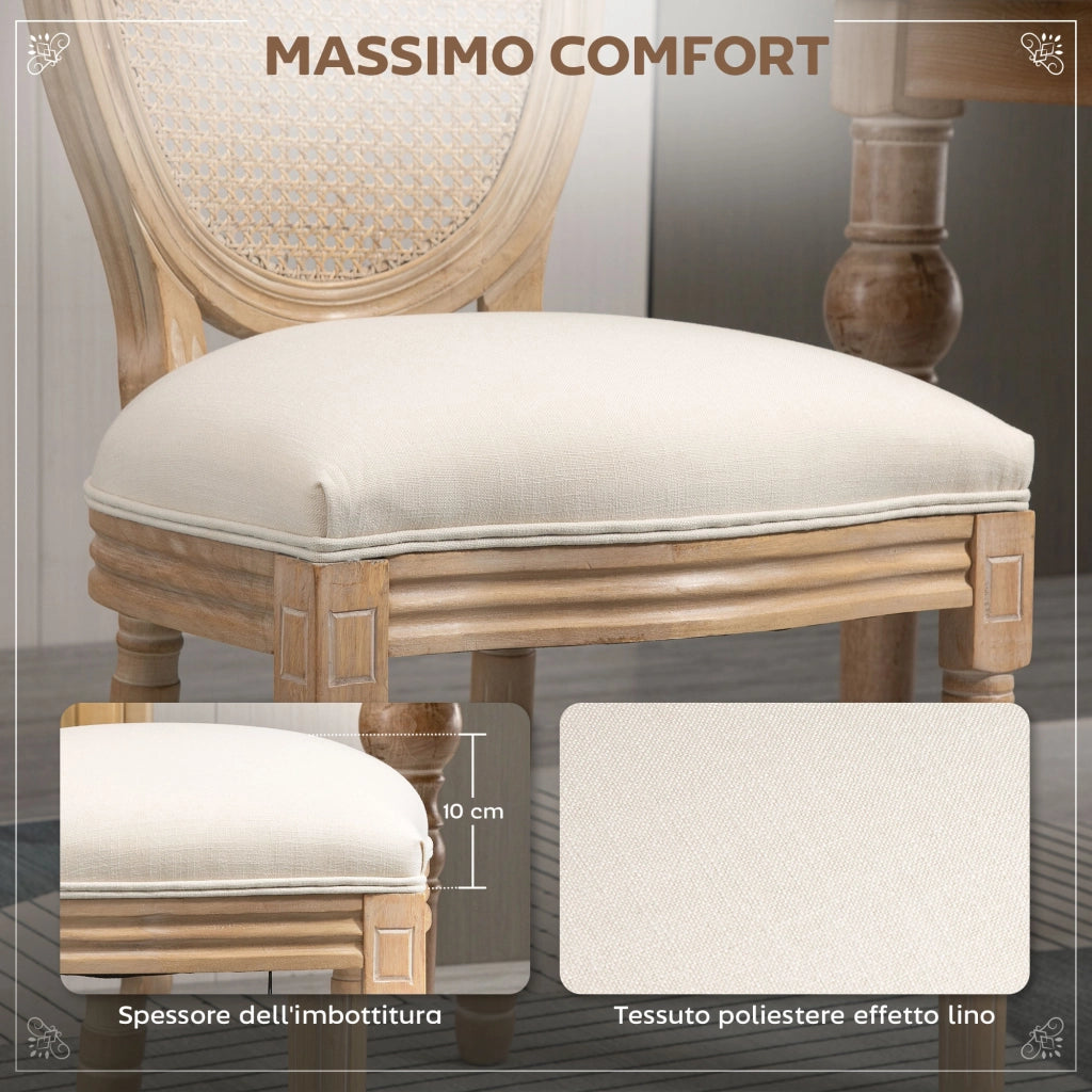 Set 2 Sedie per Soggiorno in Stile Vintage con Schienale Traforato, in Legno e Tessuto, 49x56x96cm, Bianco Crema