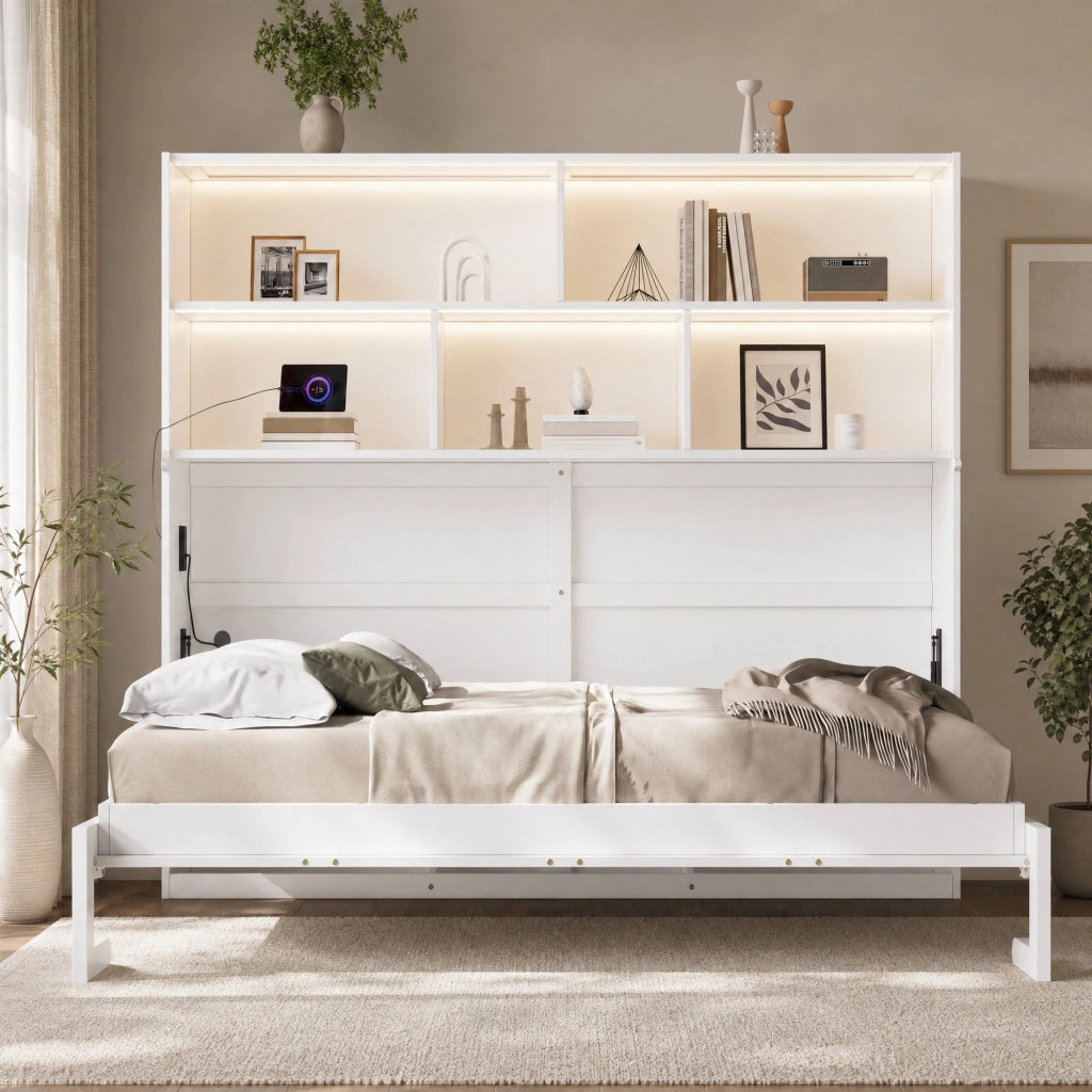 LETTO Contenitore 90x200 cm Bianco in MDF con LED e rete a doghe