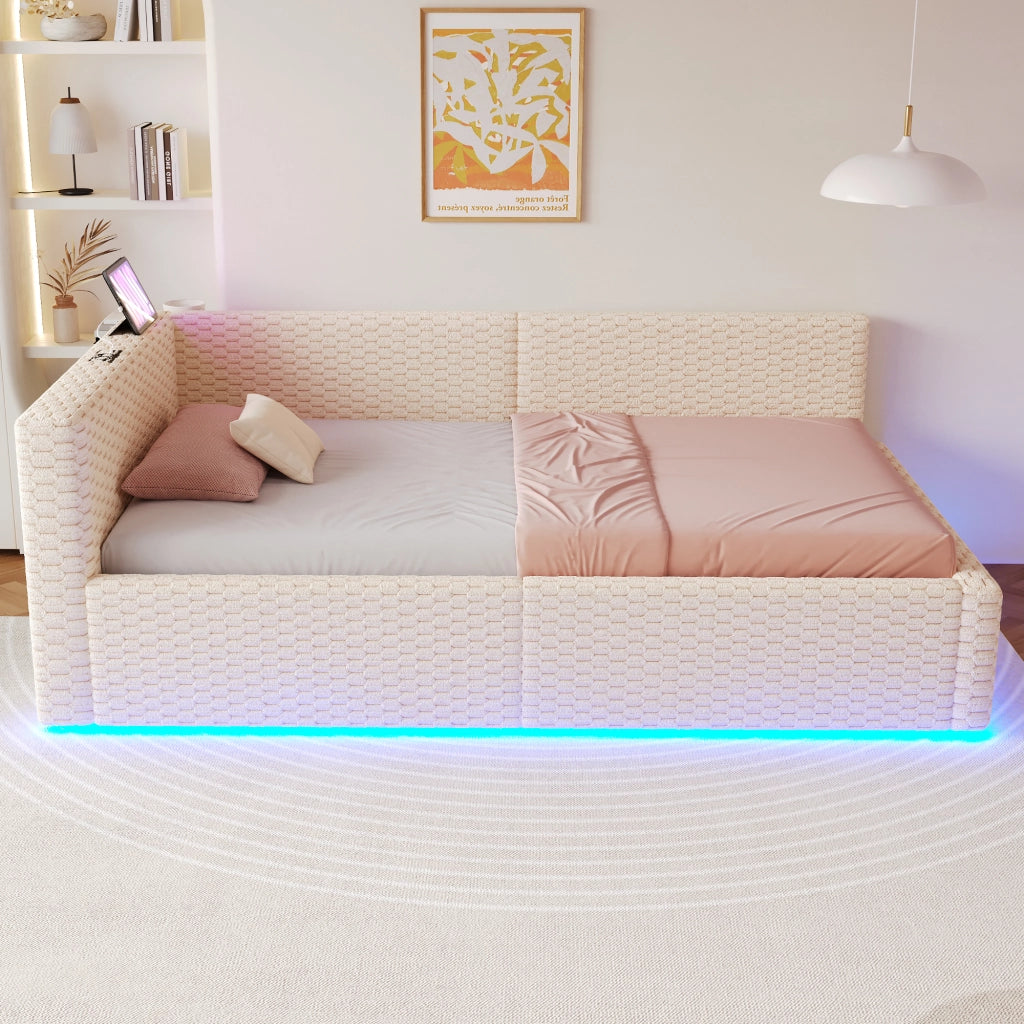 Letto con testata illuminata a led in velluto beige 90x200 cm