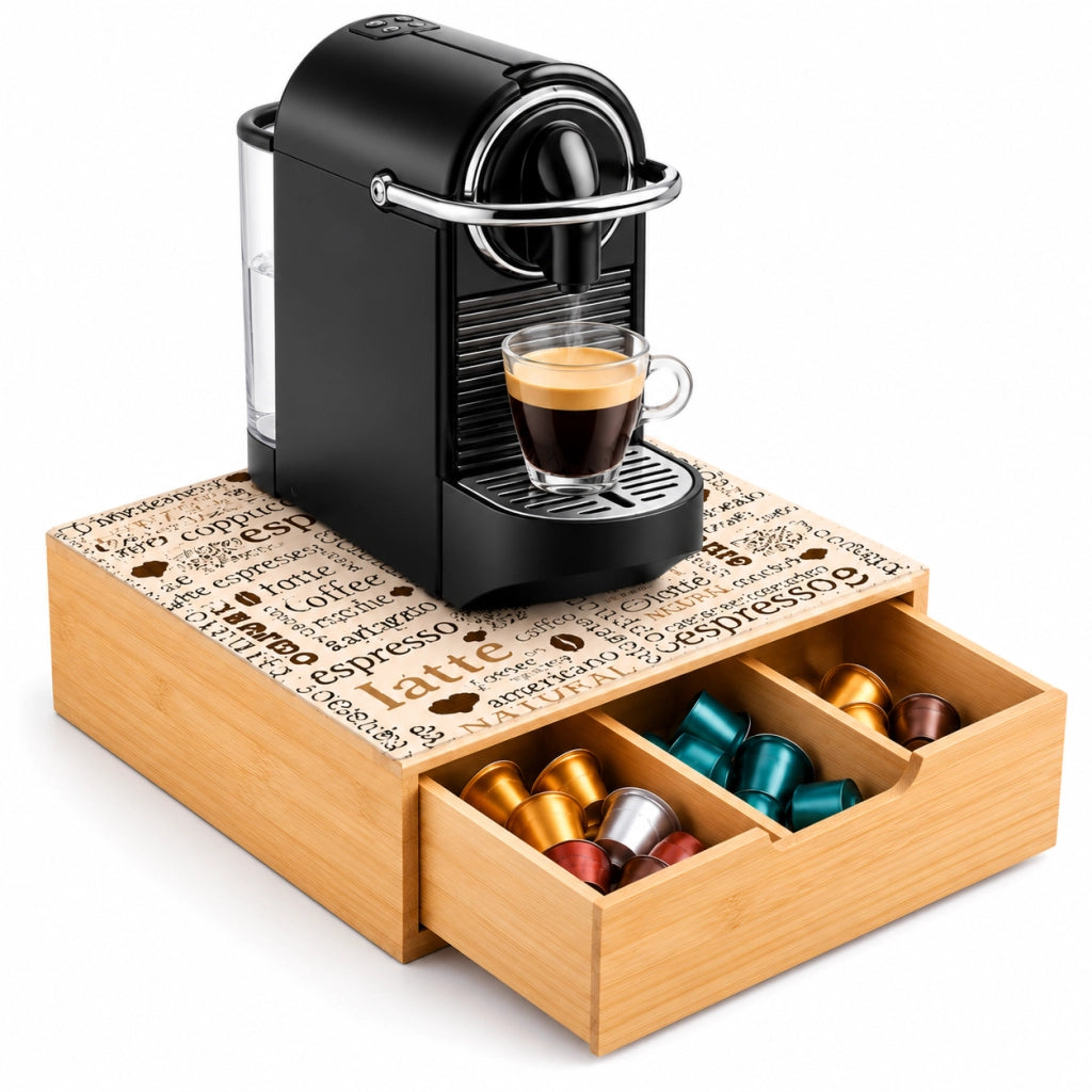 Porta Capsule e Cialde in Bambù con Cassetto e Piano in Vetro Temperato 30x30 cm