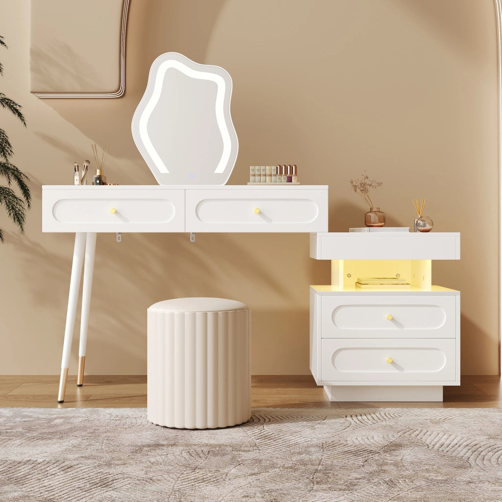 TOELETTA Con specchio LED 140x40x130 cm Bianco con 4 cassetti