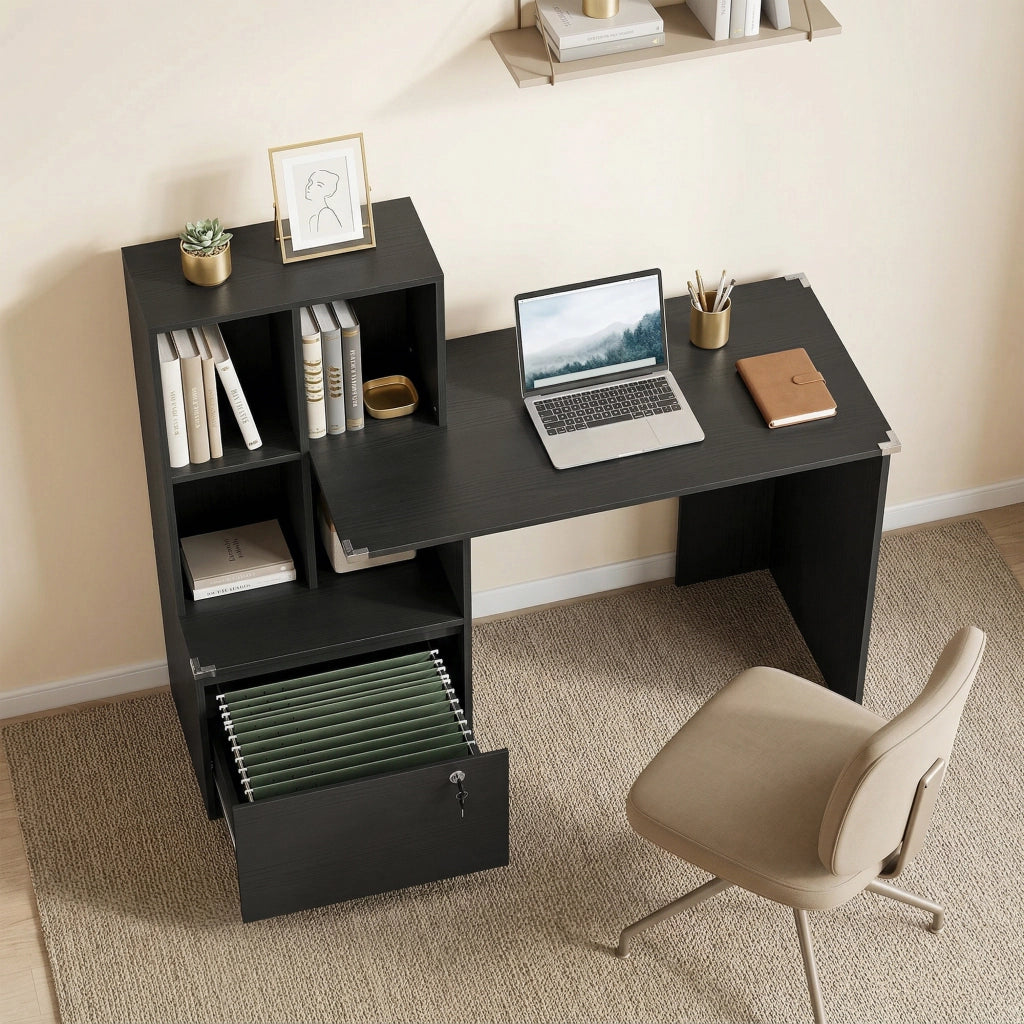 Scrivania con libreria e cassetto ¨C Minimal ¨C 126x50x109 cm, nero