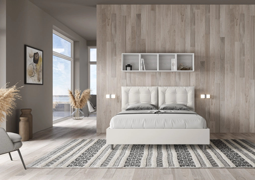 BS COM Letto matrimoniale con rete imbottito 160x190 similpelle bianco