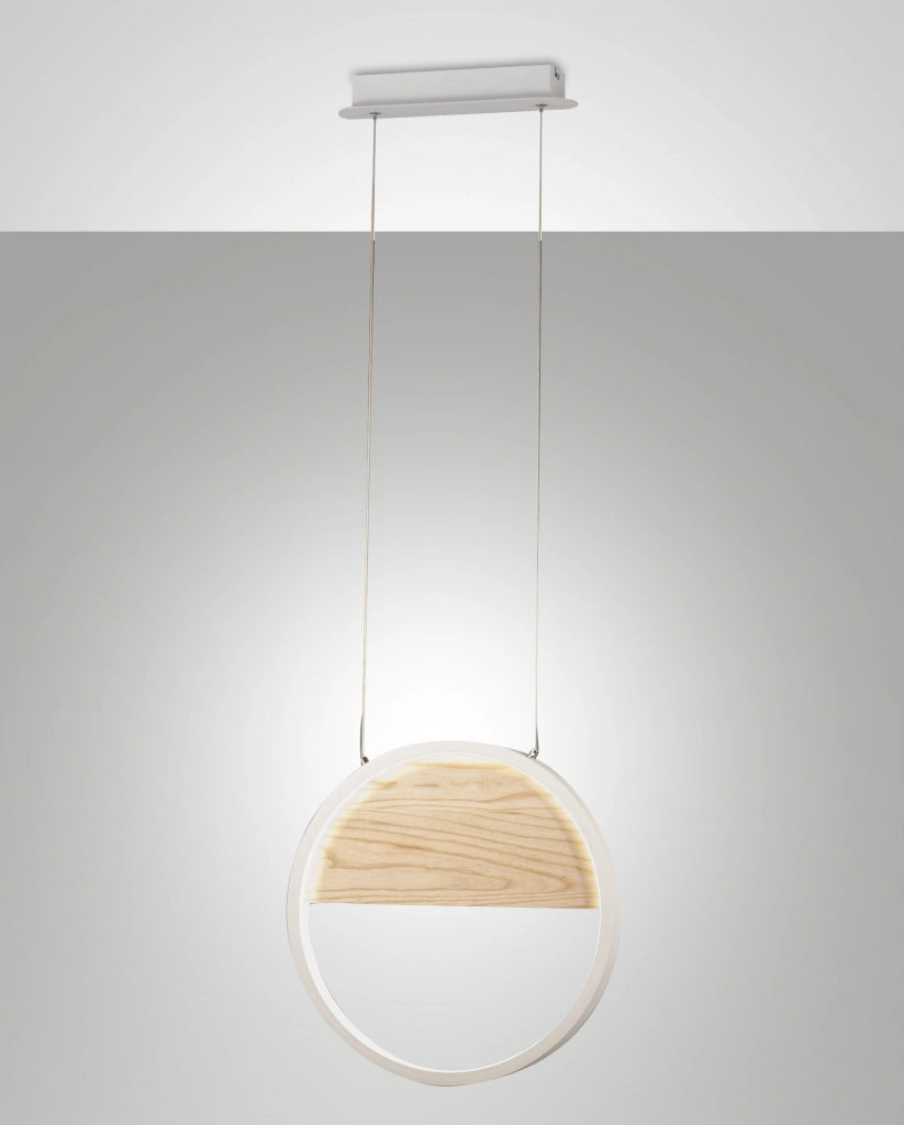 Pierre Sospensione a LED 29W Ø400mm Struttura in Metallo e Legno Bianco, Luce Calda 3000K, Dimmerabile a step, Design Moderno e Raffinato