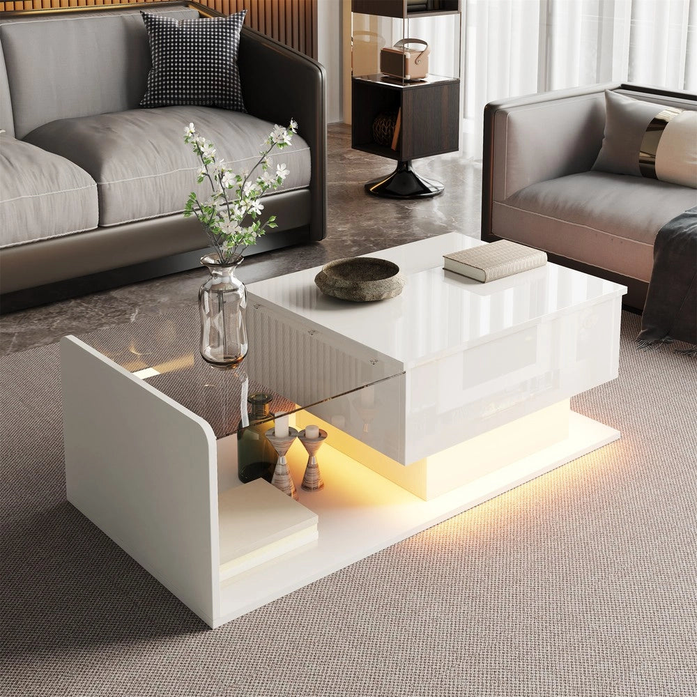 Tavolino da Caff¨¨ con Vetro e LED ¨C MINIMAL ¨C Bianco Lucido