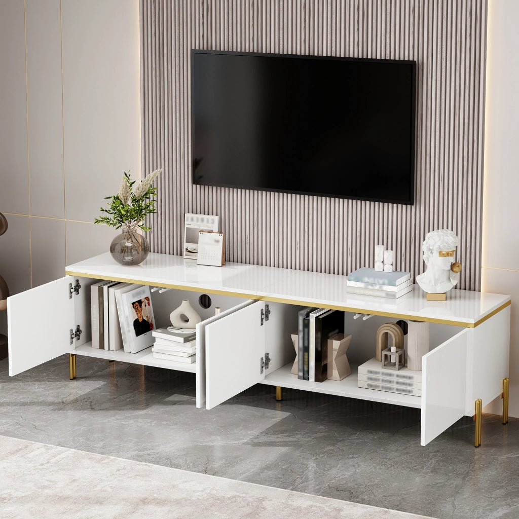 Mobile TV moderno lucido bianco con 4 ante, passacavi e dettagli oro