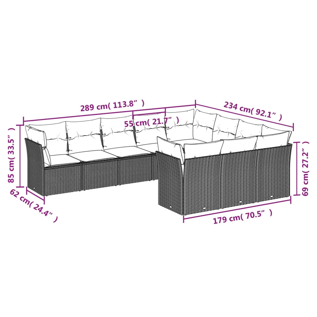 Set Divano Giardino 10 pz con Cuscini Grigio Chiaro Polyrattan