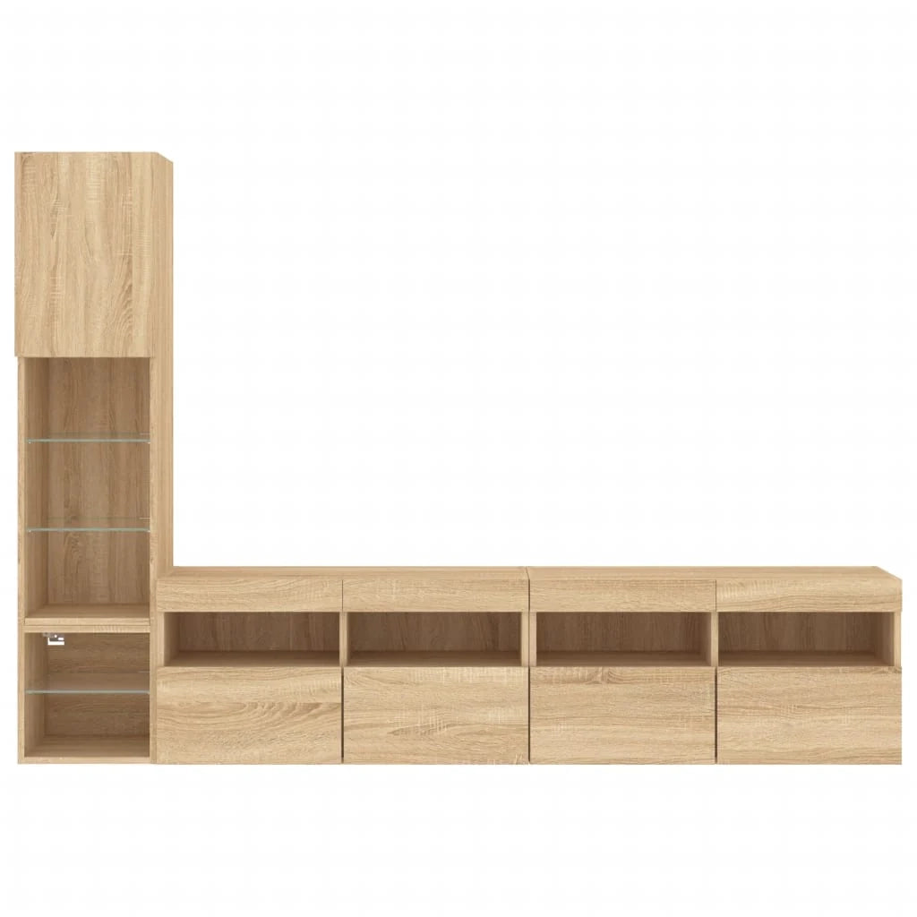 Mobile TV multimediale mensola TV credenza mobile TV sala da pranzo soggiorno camera da letto con illuminazione a LED 4 pezzi legno ingegnerizzato rovere Sonoma marrone 02_0029364