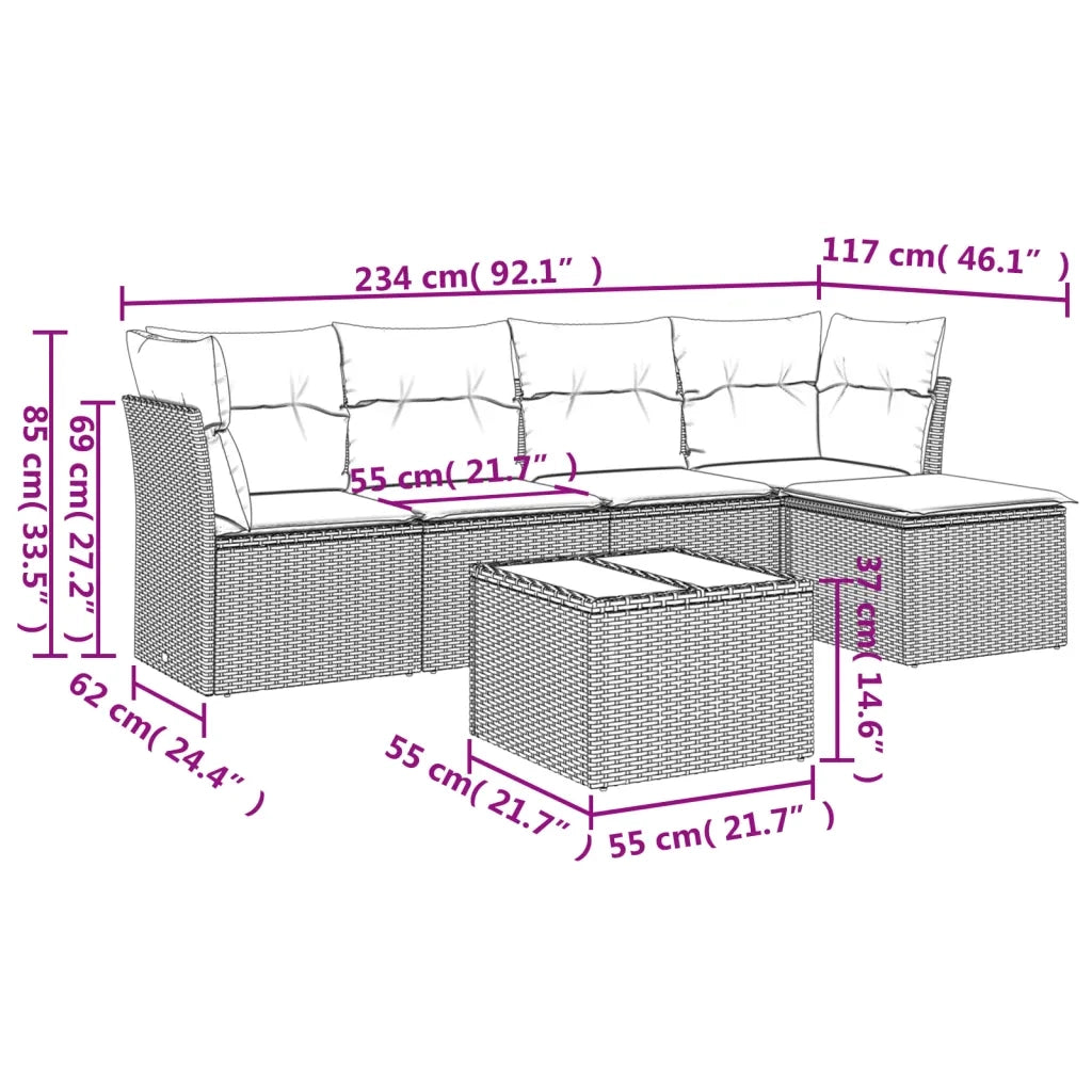 Set Divano da Giardino 6 pz con Cuscini Nero in Polyrattan 3249405