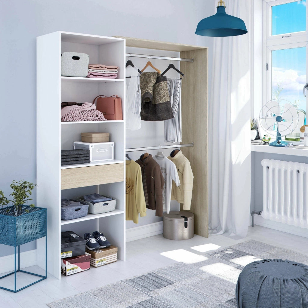 Guardaroba Amico, Struttura per cabina armadio, Armadio aperto senza ante, Cabina armadio, cm 158x40h187, Bianco e Rovere