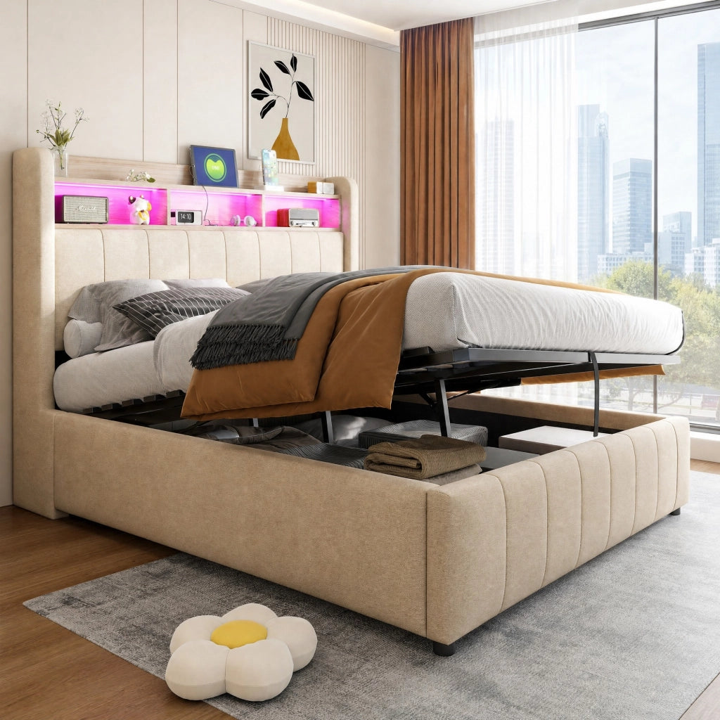 LETTO imbottito 140x200 cm Beige con LED, USB, porta Type-C e contenitore idraulico
