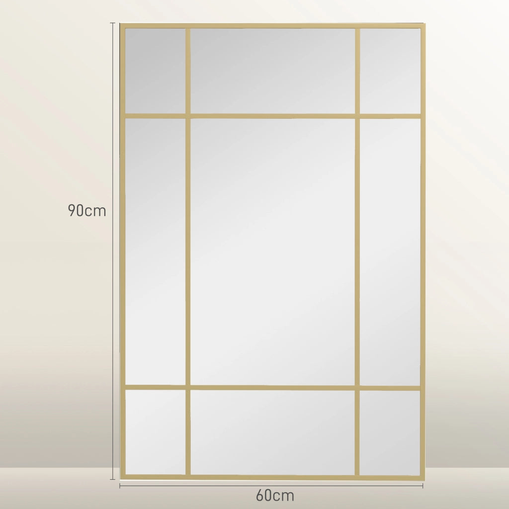 Specchio da Parete Stile Finestra con Montaggio Verticale e Orizzontale, 90x60 cm, Oro