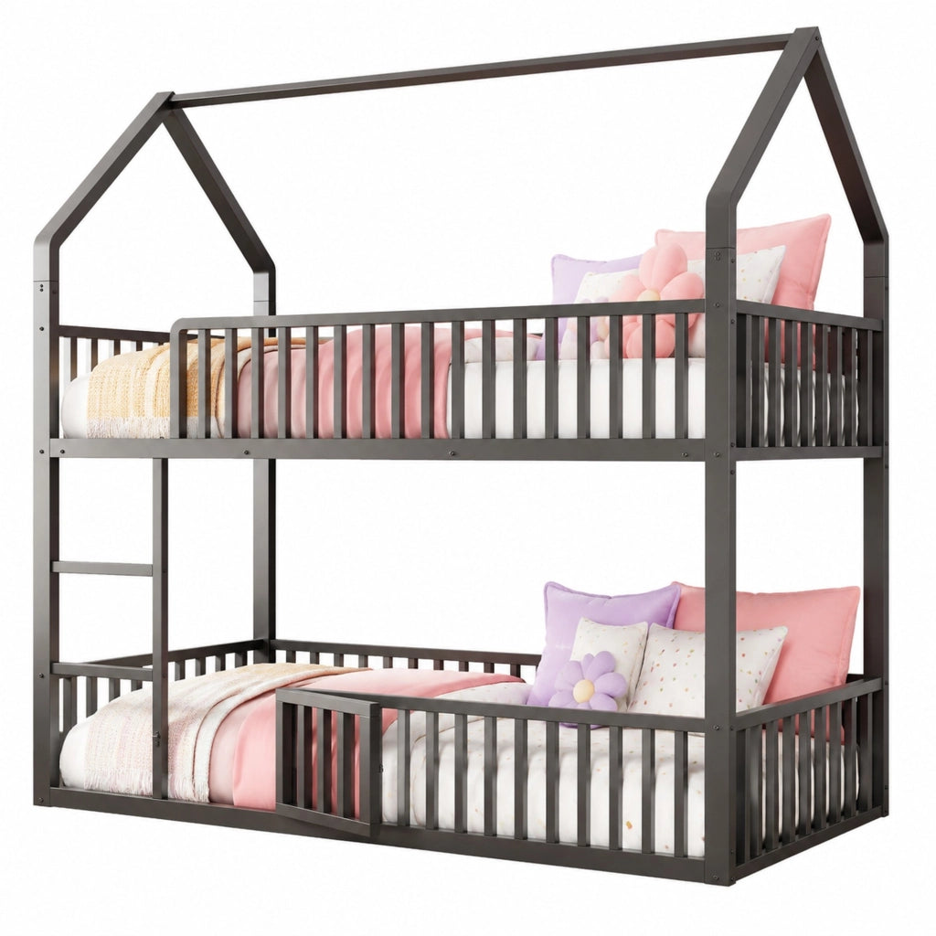Letto a castello in metallo 90x200 cm con scala frontale, design a casa, nero