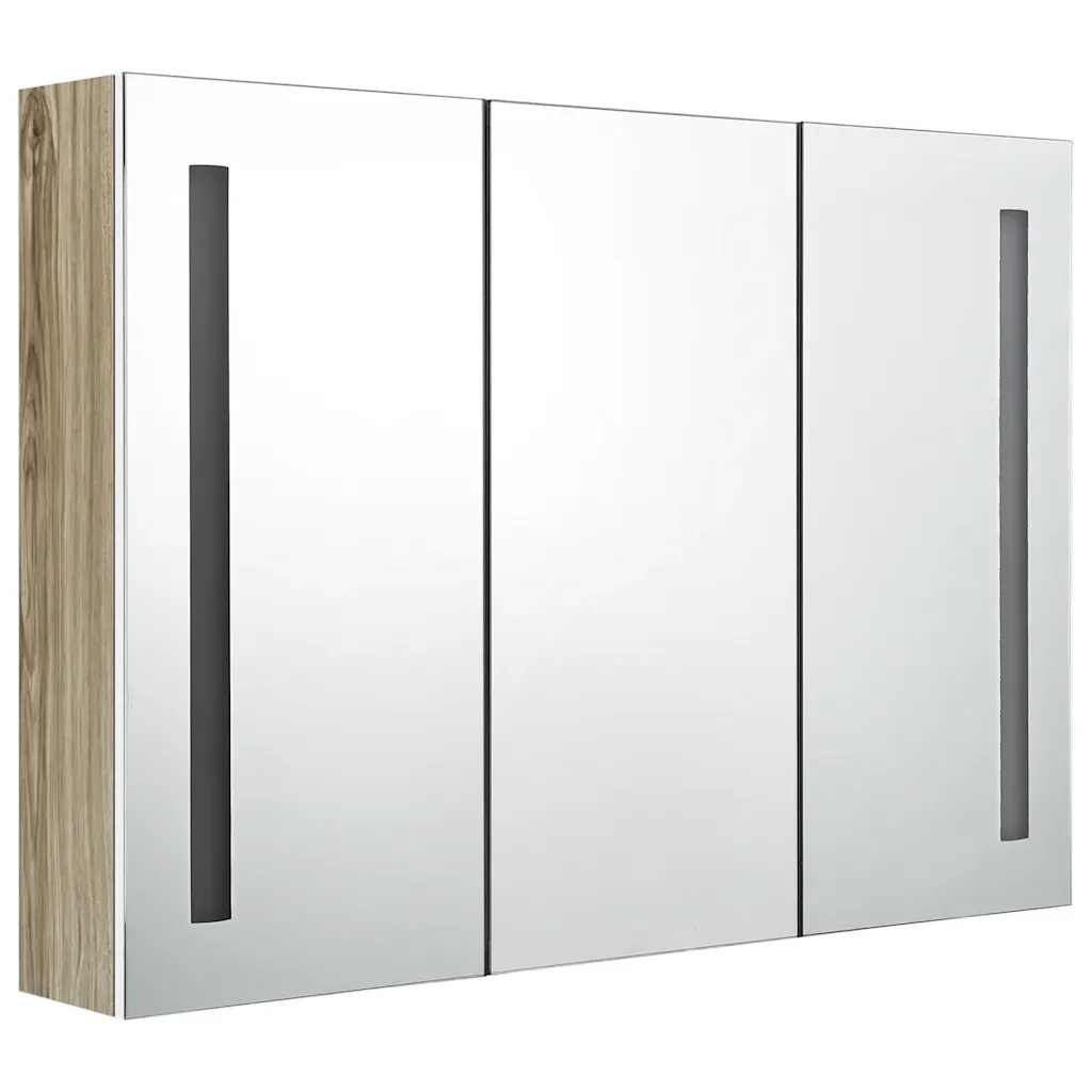 Armadietto Bagno con Specchio e LED 89x14x62 cm Bianco e Rovere 326530