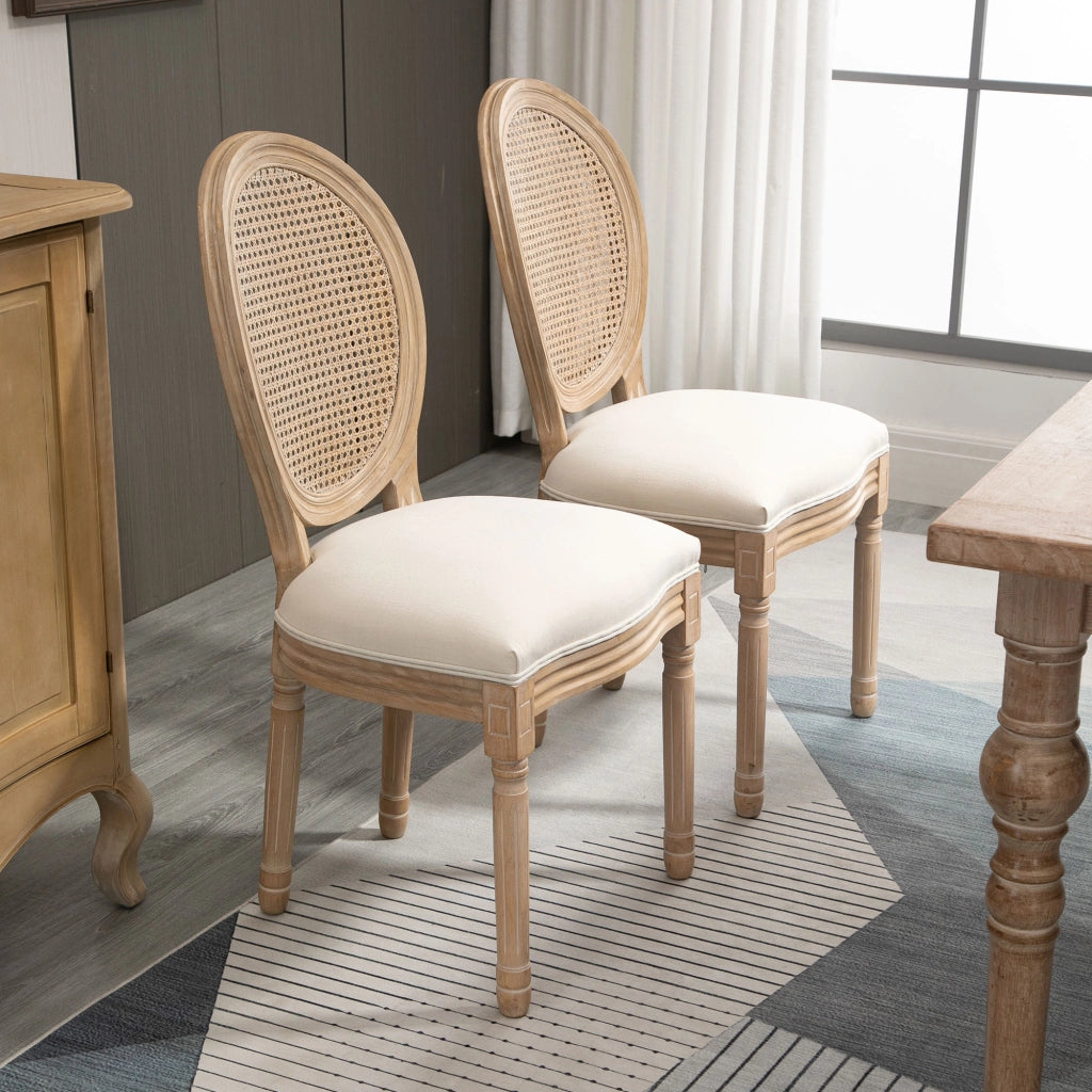 Set 2 Sedie per Soggiorno in Stile Vintage con Schienale Traforato, in Legno e Tessuto, 49x56x96cm, Bianco Crema