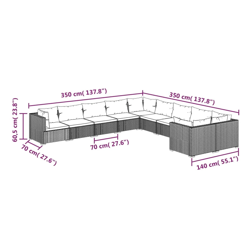 Set Divani da Giardino 10 pz con Cuscini in Polyrattan Marrone 3102795