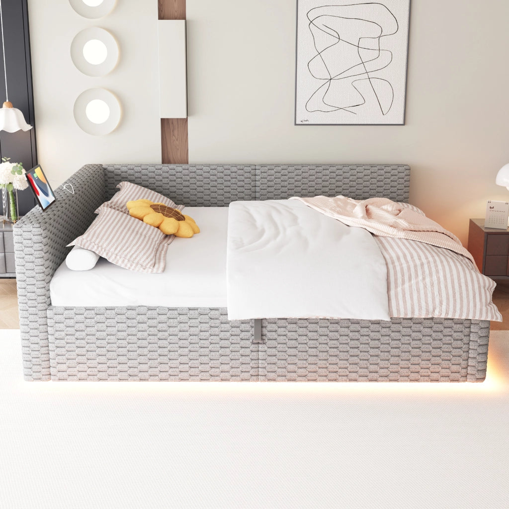 LETTO Contenitore 140x200 cm in velluto grigio con LED e porte USB