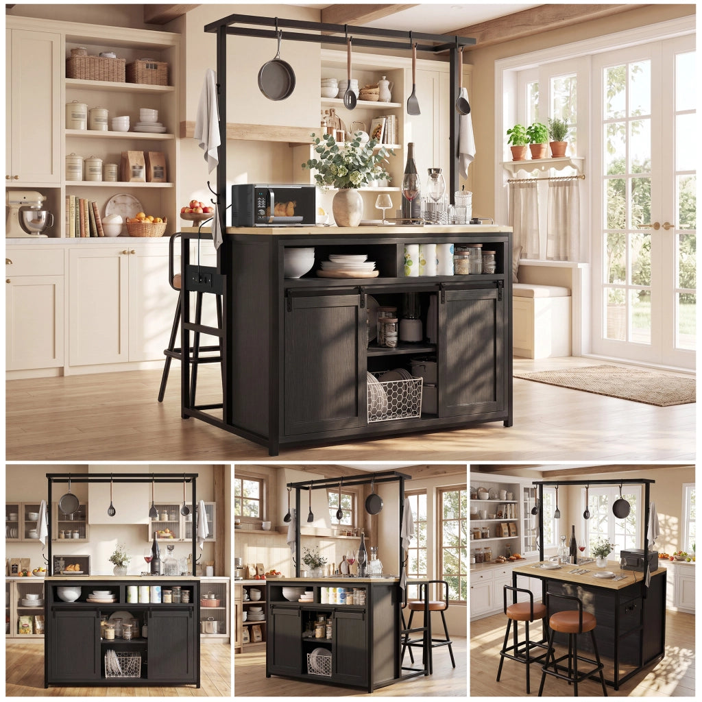 Colonna da cucina con prese elettriche, ripiani aperti e ante scorrevoli, MDF e metallo nero 107 × 62 × 183 cm