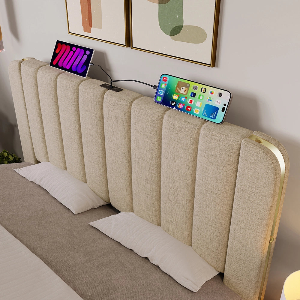 Letto imbottito con testiera - Xylo - 160x200 cm - Beige - USB, Type-C