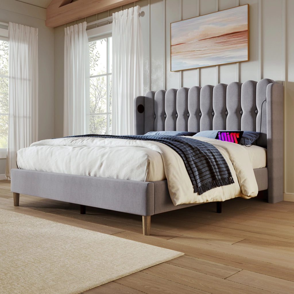 LETTO imbottito 160x200 cm Grigio con USB e Type-C