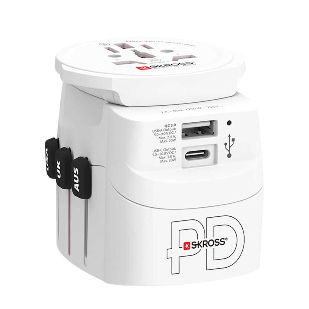Adattatore da viaggio universale USB-A e USB-C Power Delivery 50W PRO Mondo leggero Bianco Skross