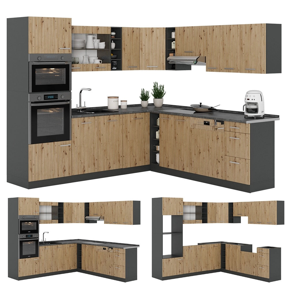 Cucina angolare completa R-Line Rovere artigianale/Antracite 247 x 237 cm, PL Antracite Vicco
