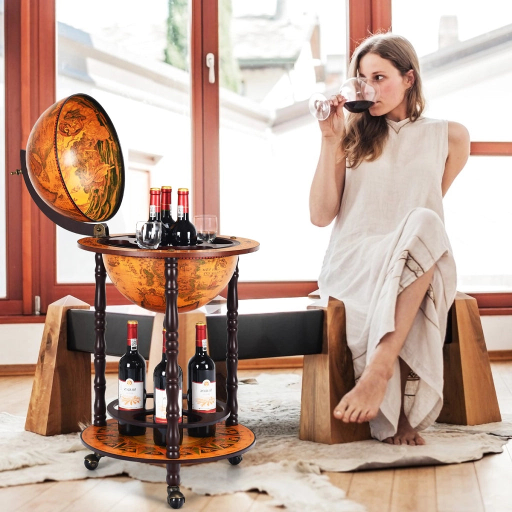 Supporto mappamondo porta vini girevole per casa e bar, Porta vino per liquori e bicchieri a stelo 47x47x90cm-Mobili porta liquori