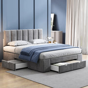 Letto imbottito 140x200 cm in velluto grigio con rete a doghe e 4 cassetti