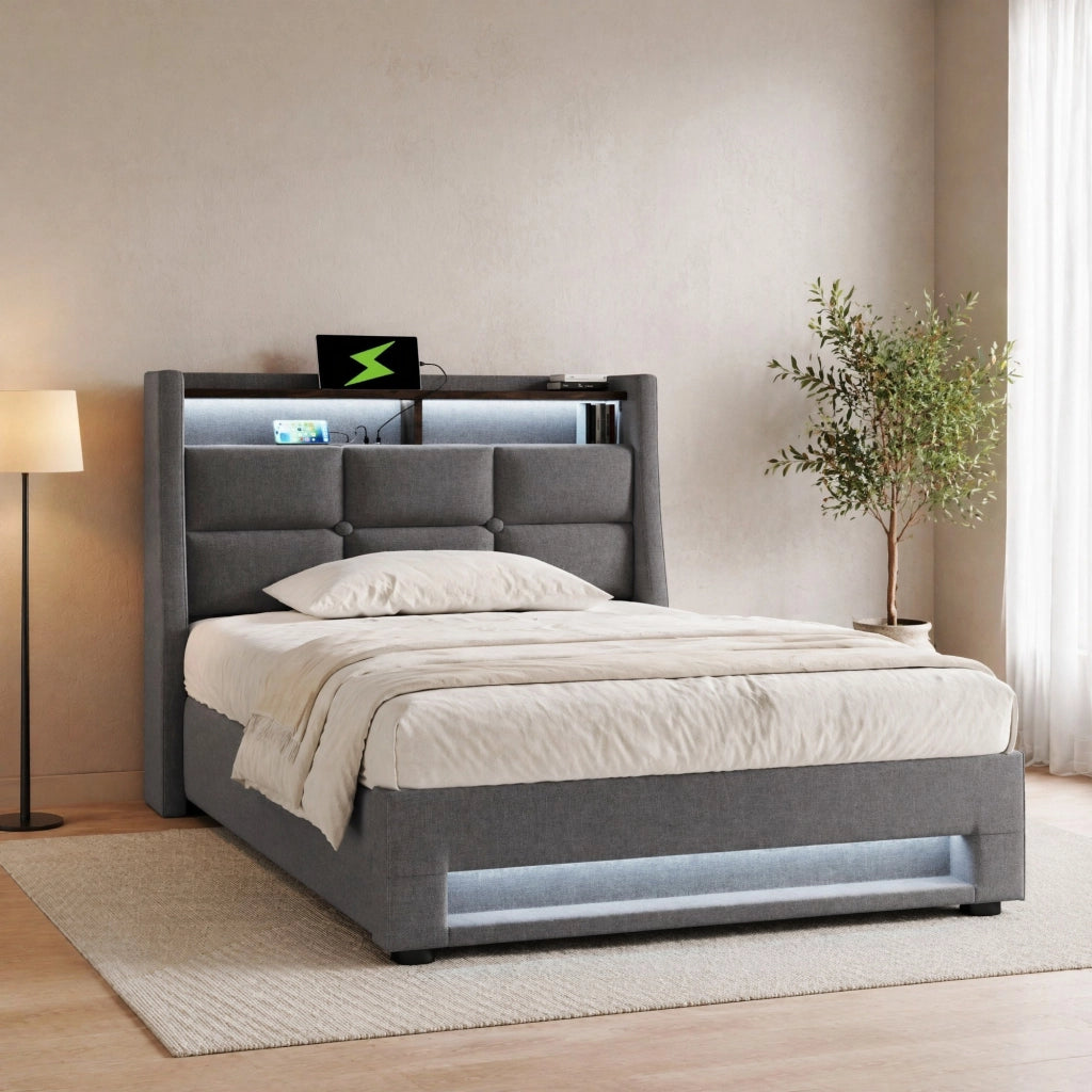 LETTO Imbottito 90x200 cm con USB e LED, tessuto lino grigio