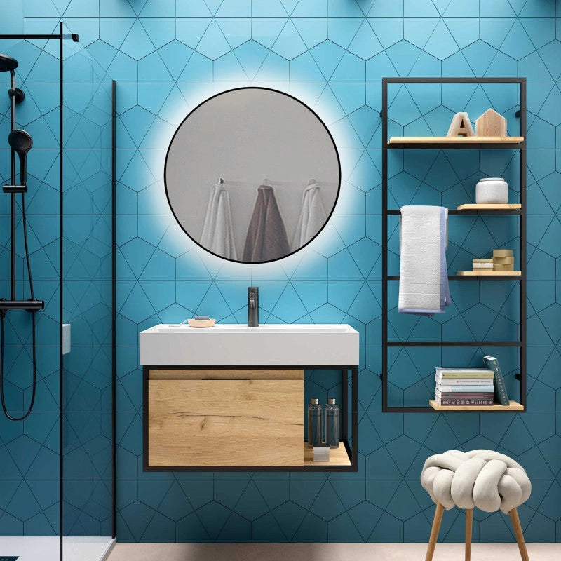Heracles Specchio da bagno con illuminazione LED frontale e decorativa, AC 230V 50Hz, 34W, Tecnoplastica e Vetro